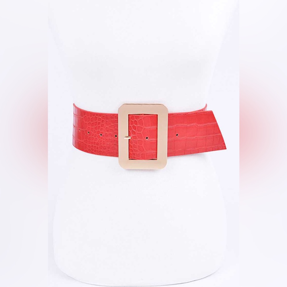 Red Vegan Crocodile Texture Wide Statement Belt